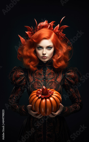 Halloween autumnal background. Redhead vampire woman holding a pumpkin. Ai generated image © Neeqolah