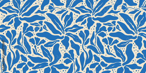 Abstract blue flower art seamless pattern. Trendy contemporary floral nature shape background illustration. Natural organic plant leaves artwork wallpaper print. Vintage spring texture.