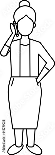 Businesswoman Talking On Phone Icon In Black Line Art.