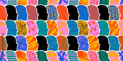 Colorful diverse people crowd abstract art seamless pattern. Multi-ethnic community, big cultural diversity group background illustration in modern collage painting style.	