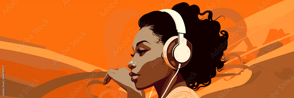 Fototapeta premium african american woman listening to music on abstract in orange background. Generative Ai