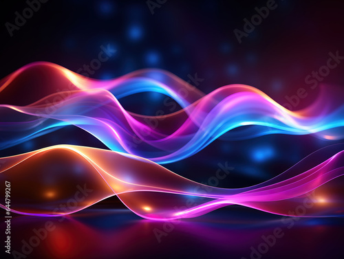Abstract futuristic background with gold PINK blue glowing neon moving high speed wave. Generative Ai