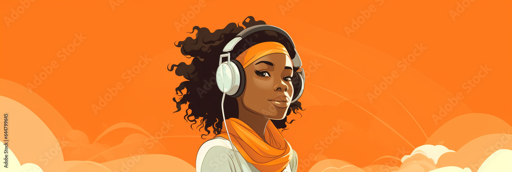 illustration african american woman listening to music with headphones on orange background, banner. Generative Ai
