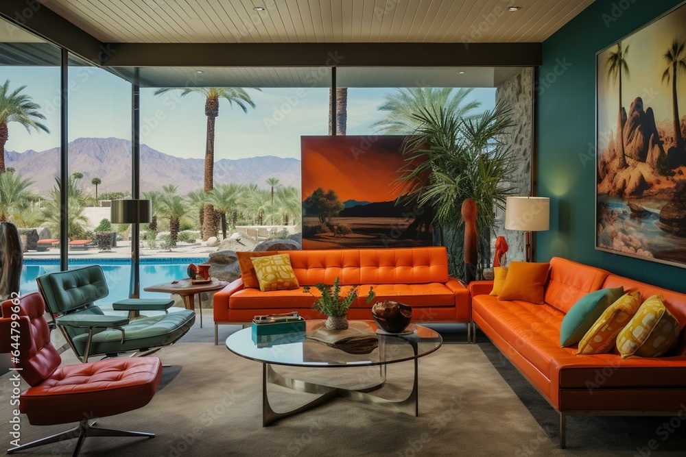 Midcentury Modern Palm Springs Living Room. Generative AI