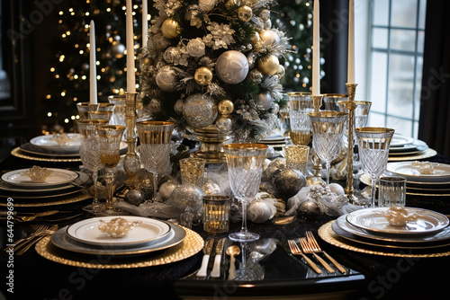  Elegance personified, a New Year's dinner table is meticulously set, radiating festive vibes with its gold and silver thematic touches