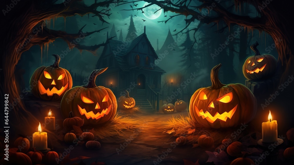 Halloween pumpkin Lantern, with an evil face and eyes. Jack O' Lanterns In Graveyard In The Spooky Night - Halloween Backdrop. Halloween pumpkin Lantern, with an evil face and eyes. Jack O' Lanterns In Graveyard In The Spooky Night - Halloween Backdrop.