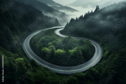 car driving on a curvy road on a mountain in a forrest. Generative AI