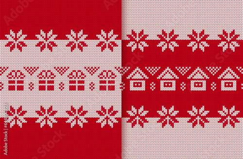 Red and white christmas seamless pattern. Knit print with flowers and houses. Knitted sweater background with hut, snowflakes. Xmas geometric texture. Holiday fair isle ornament. Vector illustration