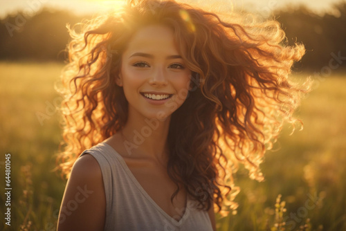 Young happy smiling woman standing in a field with sun shining through her hair © Yassar