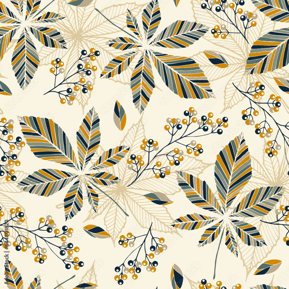 Autumn seamless pattern with abstract chestnut leaves and berries. Foliage print for fabric, package, wrapping, wall art.