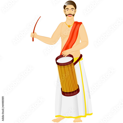 South Indian Drummer Man Standing On White Background.