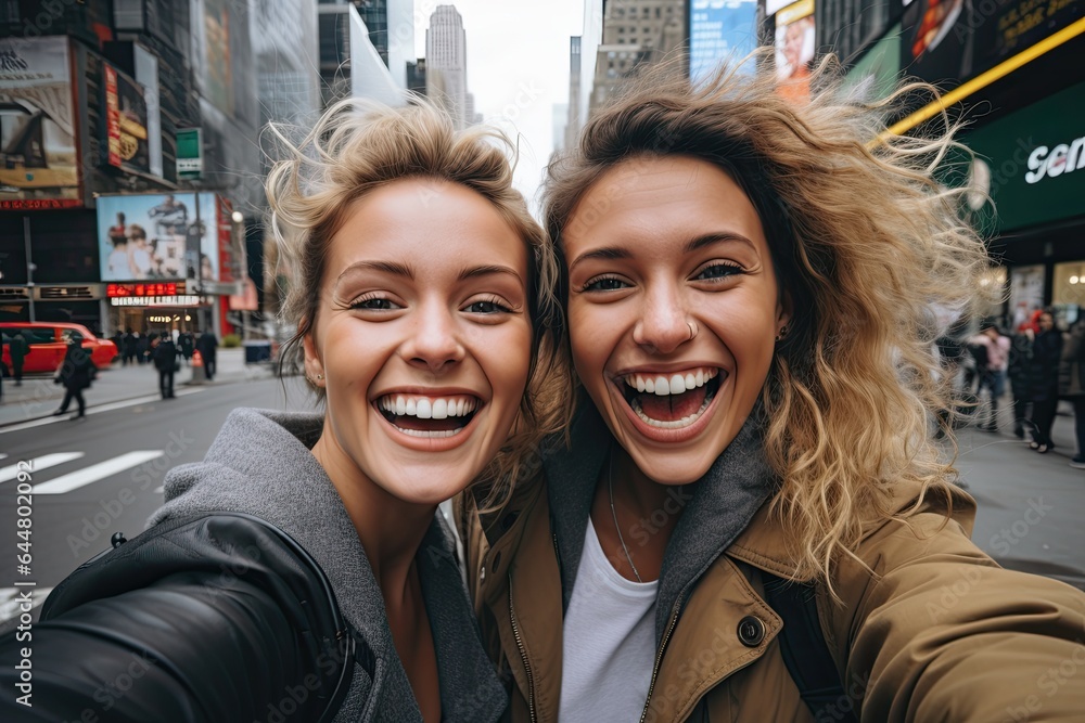 Girlfriends happy making selfie in New York, shopping.