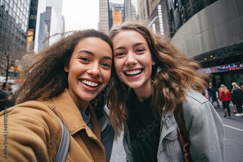 Wallpaper Mural Girlfriends happy making selfie in New York, shopping. Torontodigital.ca