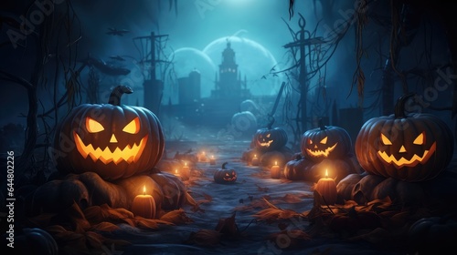 halloween pumpkin on a cemetery. dark night forest. silhouette halloween abstract background