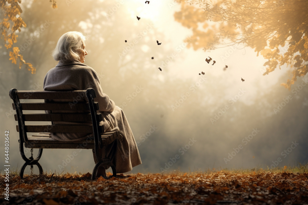 A lonely elderly woman sits on a bench in nature, in a nostalgic mood. - obrazy, fototapety, plakaty 