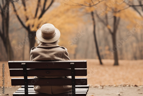 Billede på lærred Elderly woman sitting on a bench in nature, back view