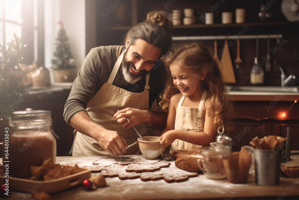 Fototapeta premium Happy dad and daughter cooking in the kitchen