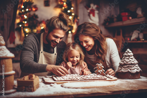 Happy family cooking gingerbread in the kitchen