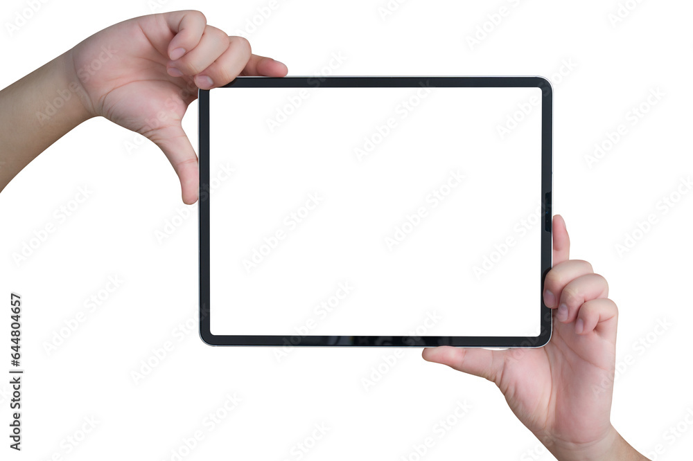 Hand showing tablet with blank screen isolated on white background. Hand showing tablet with blank screen isolated on white background.