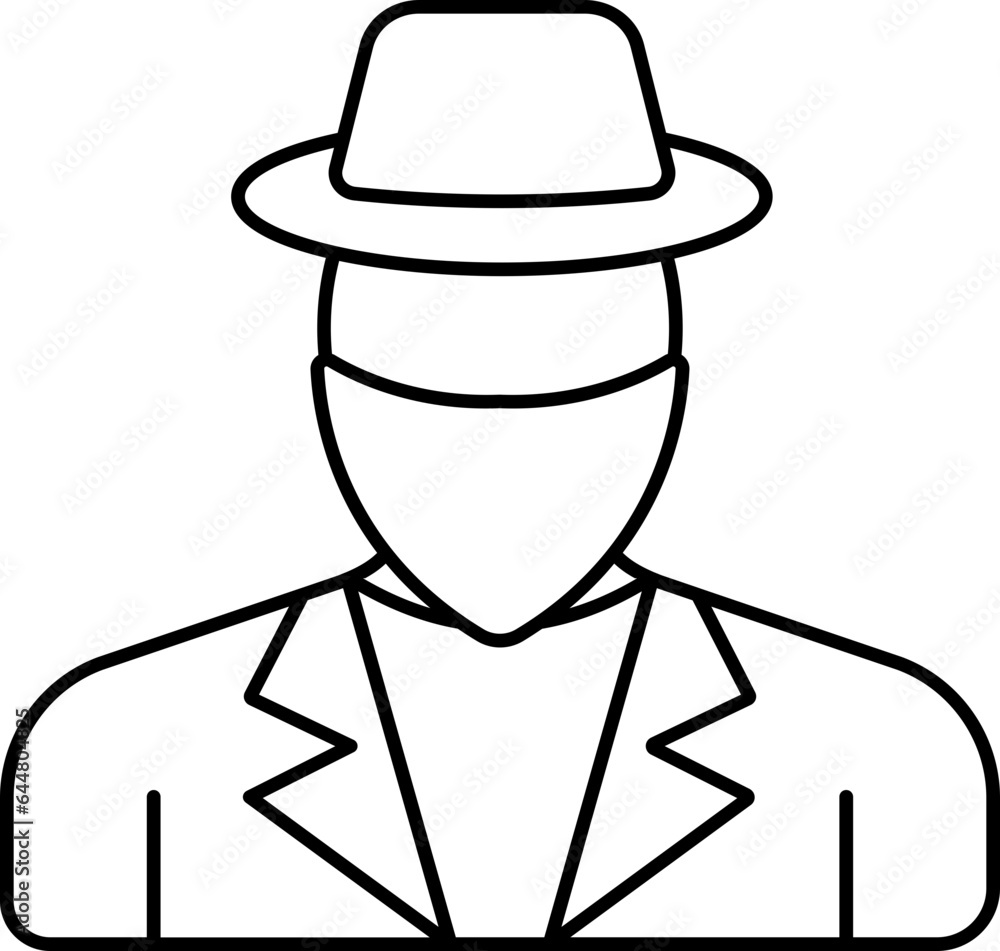 Spy Character Icon In Black Line Art.