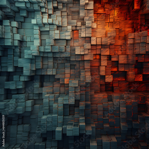 Abstract background composed of various hand-drawn crosshatched cubes in a comic book style  with shades of blue and orange resembling a meeting of ice and flame - AI Generative