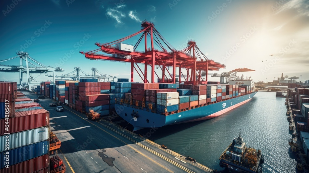 Fototapeta premium Transportation and logistics. Global business logistics import export and container cargo freight ship, cargo plane, transportation industry concept.