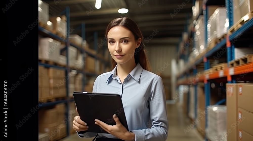Young beautiful women working in retail warehouse filled with shelves with products in cardboard boxes. Logistics distribution center. Young beautiful women working in retail warehouse filled with shelves with products in cardboard boxes. Logistics distribution center.