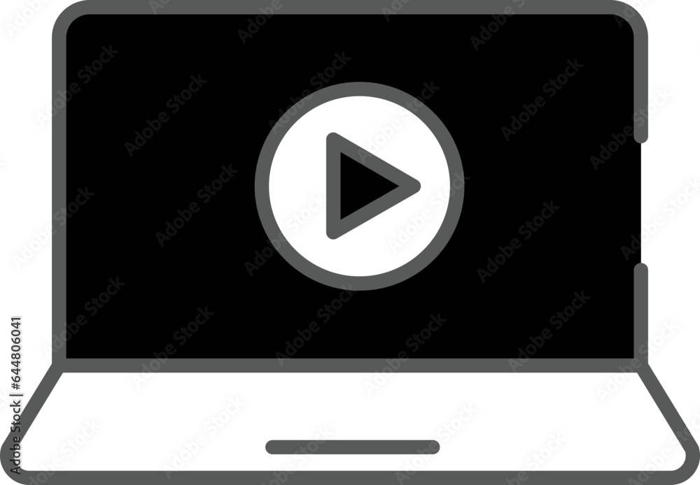 Laptop With Play Button Icon In Black And White Color. Laptop With Play Button Icon In Black And White Color.