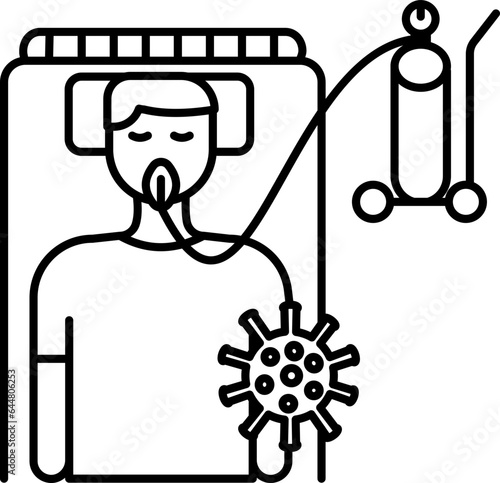 Patient Lying on Hospital Bed With Oxygen Mask Icon in Thin Line Art.