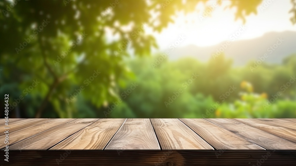 Wooden table in front of blurred autumn foliage background. Ready for product display montage	