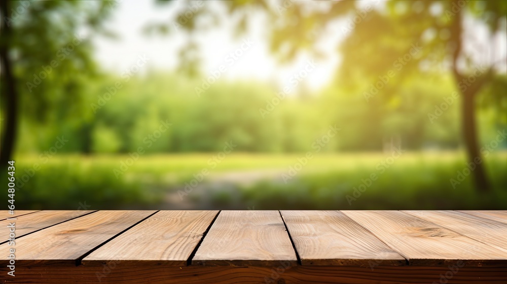 Wooden table in front of blurred autumn foliage background. Ready for product display montage Wooden table in front of blurred autumn foliage background. Ready for product display montage