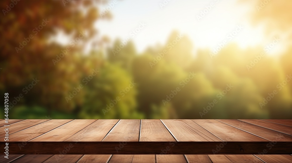 Wooden table in front of blurred autumn foliage background. Ready for product display montage Wooden table in front of blurred autumn foliage background. Ready for product display montage