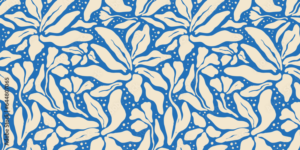 Abstract blue flower art seamless pattern. Trendy contemporary floral ...