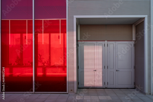 Veduta frontale di ingresso di edificio. Porta chiusa affiancata a vetrata rossa con riflesso. Architettura di linee parallele e geometriche. Sfondo. photo