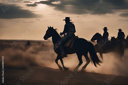 illustration of a group of cowboys riding horses in a desert area. image created using generative ai tools