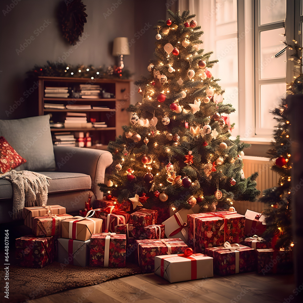 Obraz premium Many Christmas presents under Christmas tree