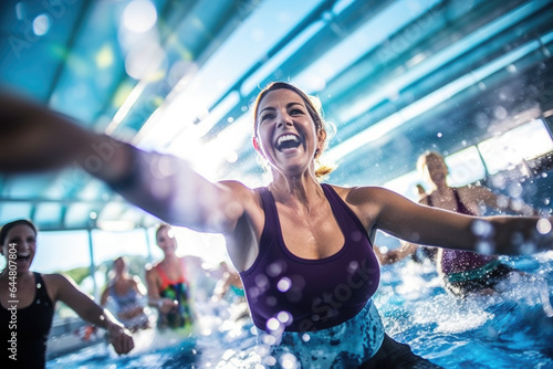 Active women enjoying aqua fit class in a pool photo