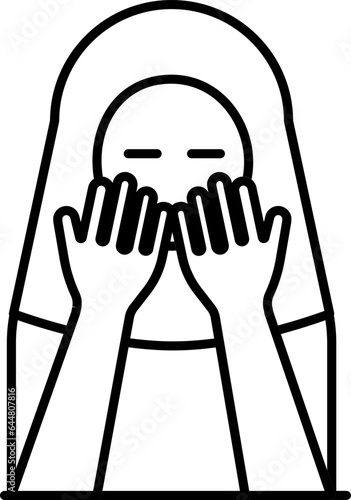 Muslim Woman Praying Icon In Black Line Art.