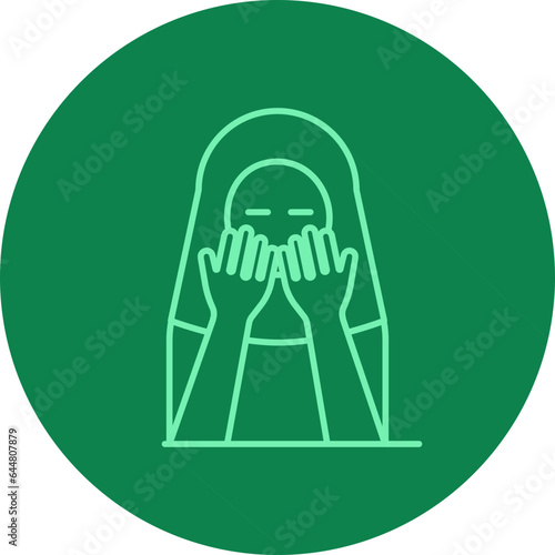 Muslim Woman Praying Icon On Green Background.