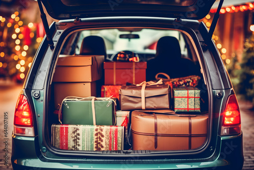 Car trunk filled with Christmas presents after shopping