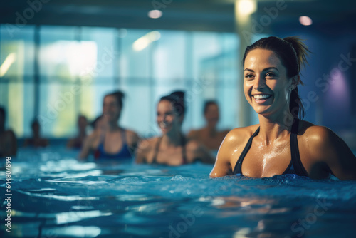 Active women enjoying aqua fit class in a pool