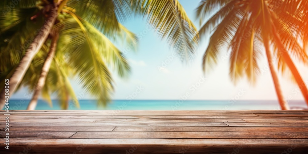 Island getaway. Setting floor for perfect day. Beachside serenity. Empty wooden table with view. Seaside tranquility. Sunny retreat by sea Island getaway. Setting floor for perfect day. Beachside serenity. Empty wooden table with view. Seaside tranquility. Sunny retreat by sea