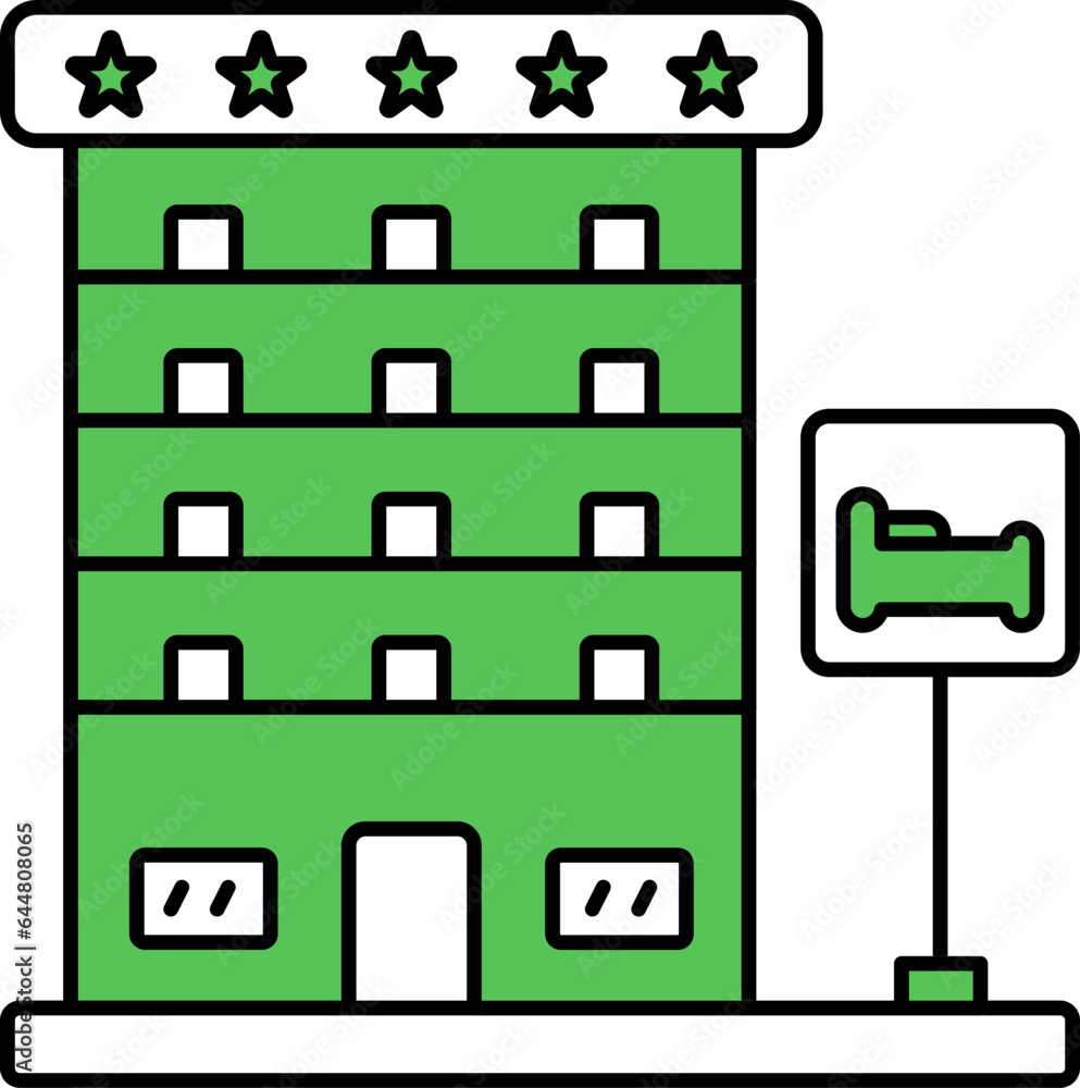 Five Star Hotel Icon In Green And White Color.