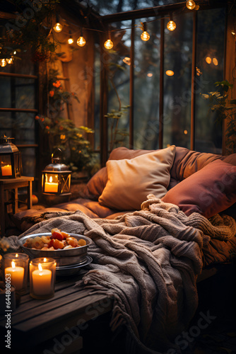 A cozy outdoor evening scene in a countryhouse featuring a warm blanket, pillows, candles and lanterns light bulbs