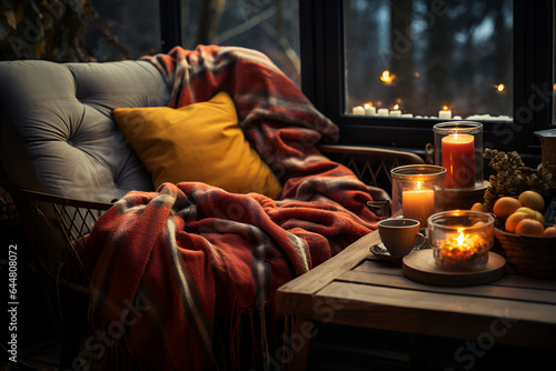 A cozy country scene near the window featuring a warm blanket, pillow and a mug of hot beverage