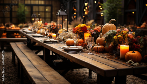 Cozy rustic wooden table set for an autumn feast with friends, decorated with pumpkins and fall foliage centerpieces