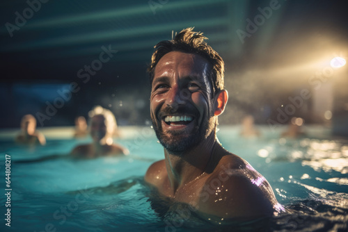Active men enjoying aqua fit class in a pool