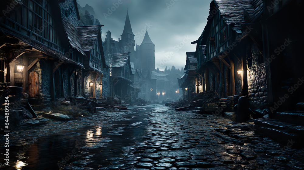 Gloomy streets of an ancient fairy-tale city . Illustration on the theme of Halloween, fear and horror E fairy tales and fantasy, history and travel. Generative AI