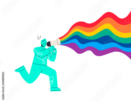 Men hold megaphone with lgbt rainbow. Pride month concept. Colorful vector illustration