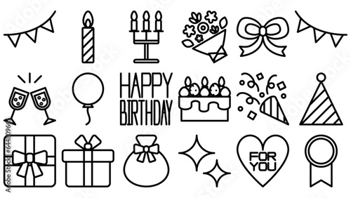 誕生日のアイコンセット。シンプルなベクター線画イラスト。
Birthday icon set. Simple vector line drawing illustrations.